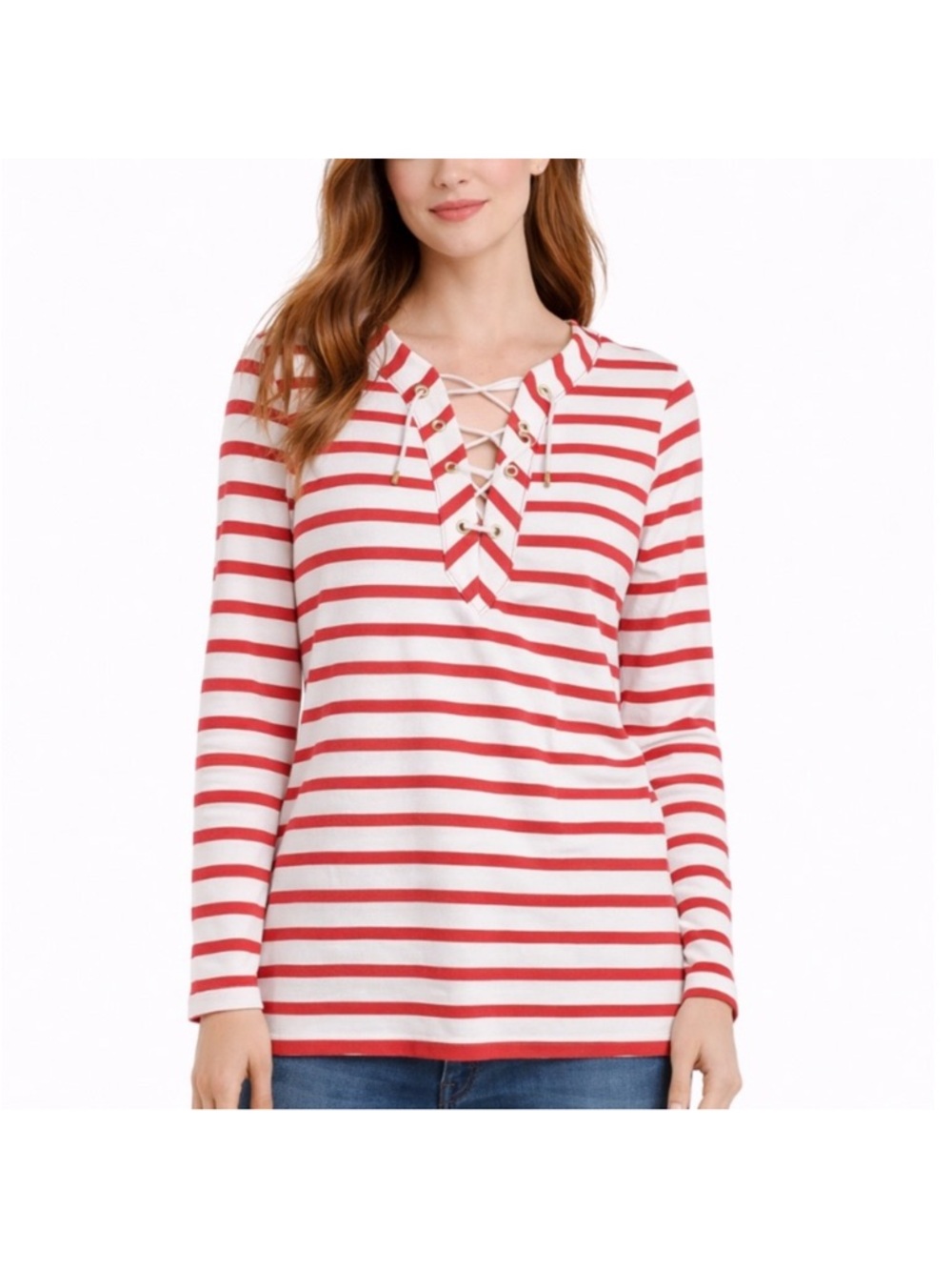 Kate Spade Lace-Up Striped Long Sleeve Tee - Red/White